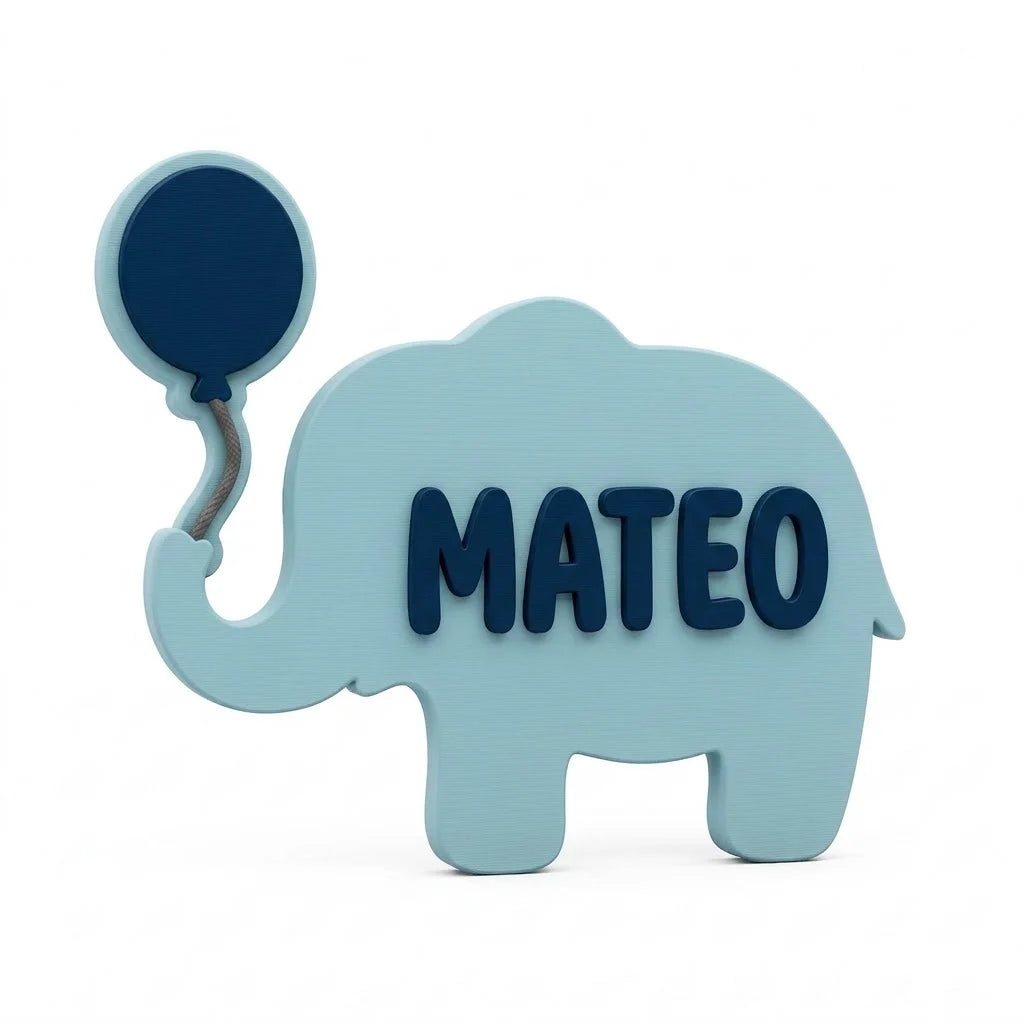 Placa de puerta infantil Elefante con el nombre Mateo, fijada con adhesivo por detrás