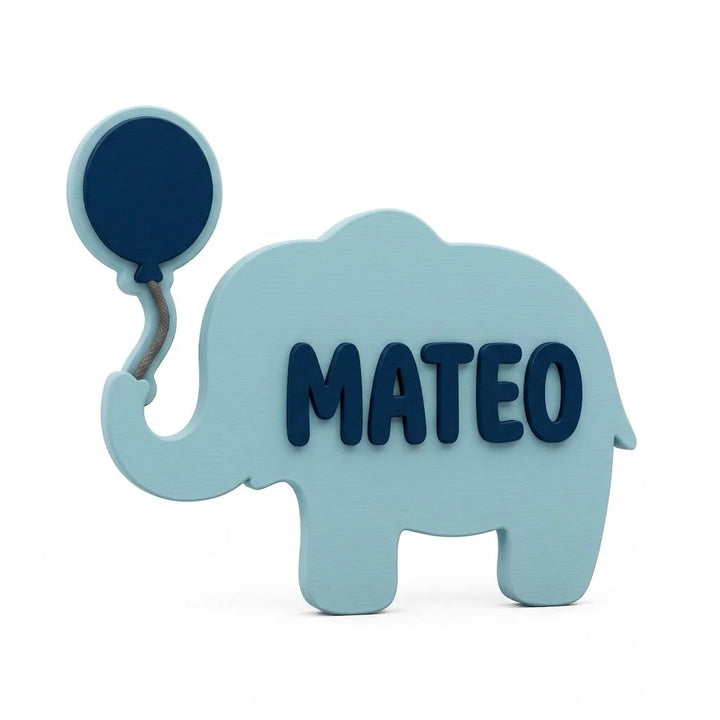 Placa de puerta infantil Elefante con el nombre Mateo, fijada con adhesivo por detrás