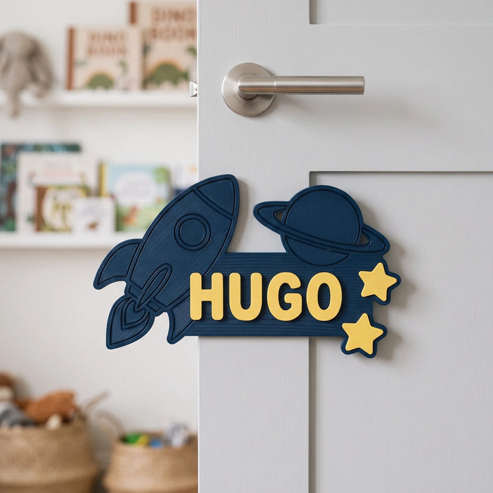 Placa con nombre para puerta infantil Espacio con cohete