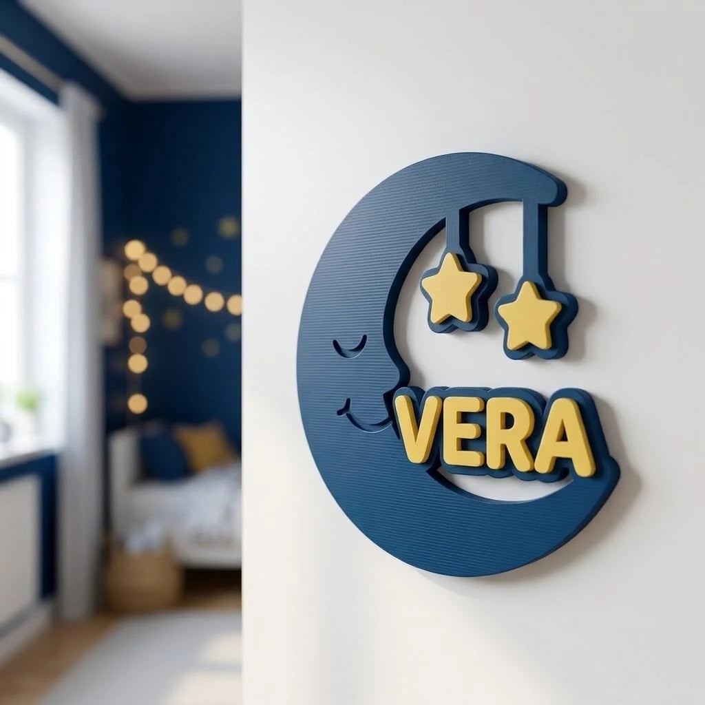 Placa con nombre para puerta infantil Luna y estrellas con el nombre Vera pegada en la puerta de la habitación