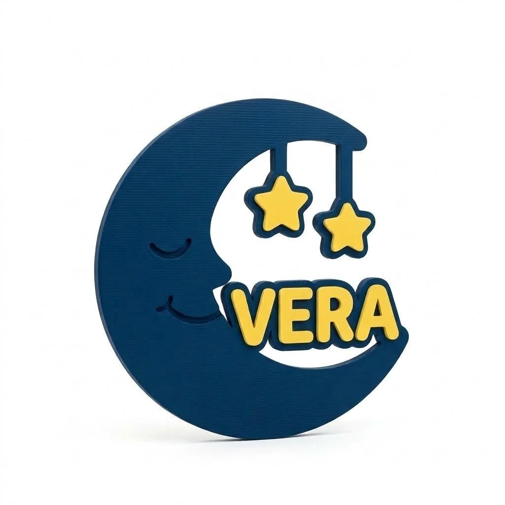 Placa con nombre para puerta infantil Luna y estrellas con el nombre Vera en relieve