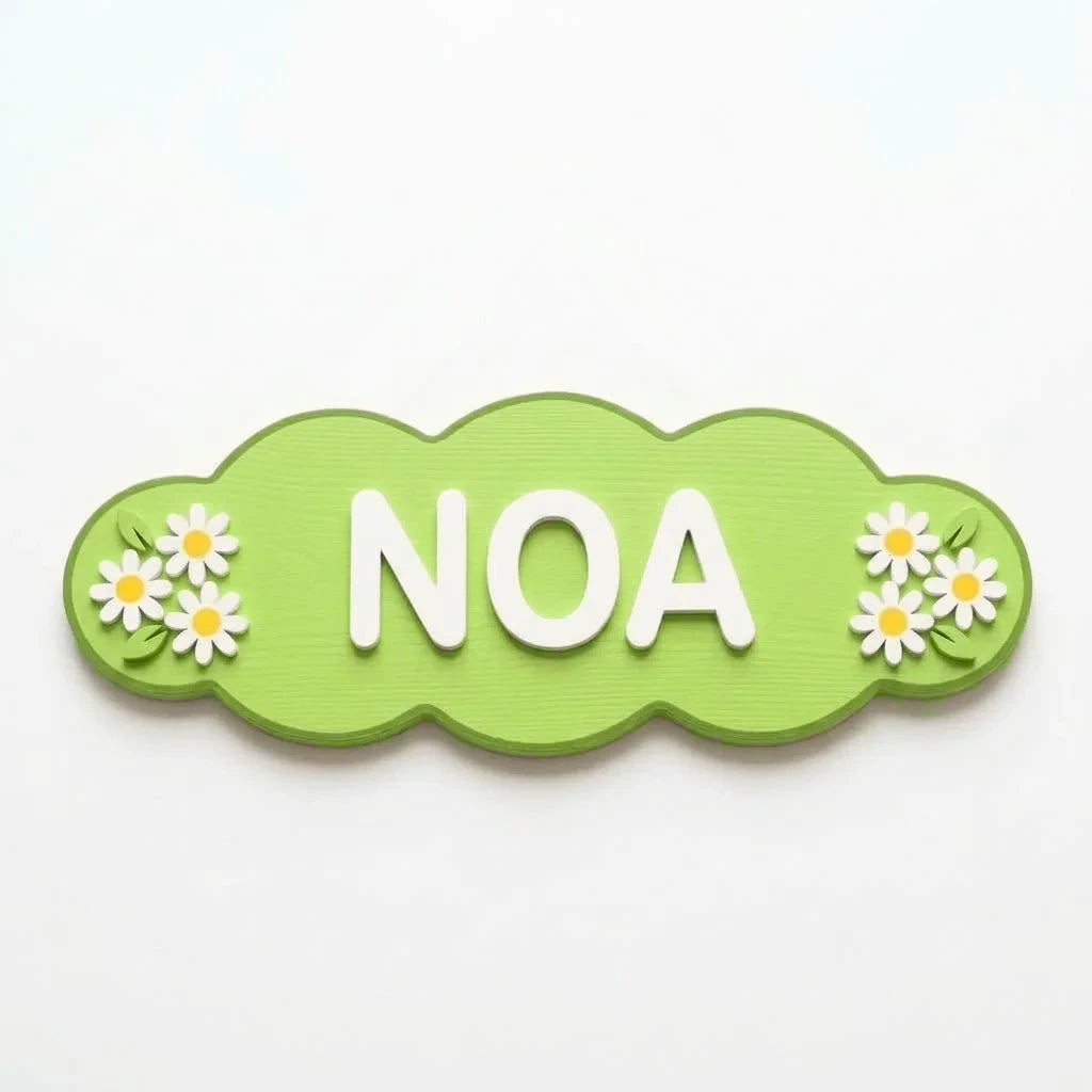 Placa de puerta infantil Margaritas con el nombre Noa, fijada con adhesivo por detrás