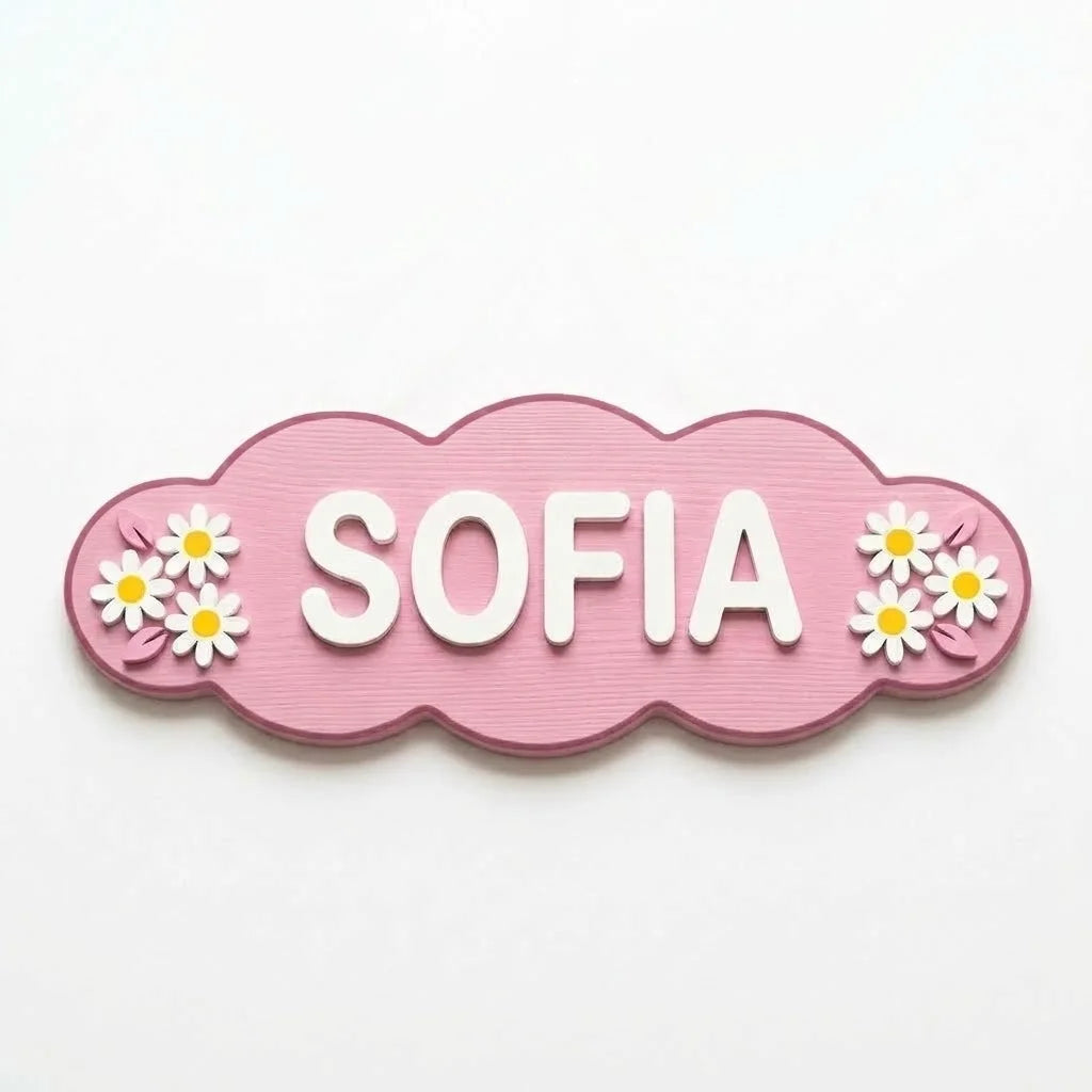 Placa con nombre para puerta infantil Margaritas con el nombre Sofia en relieve