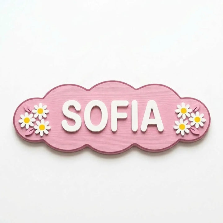Placa con nombre para puerta infantil Margaritas con el nombre Sofia en relieve