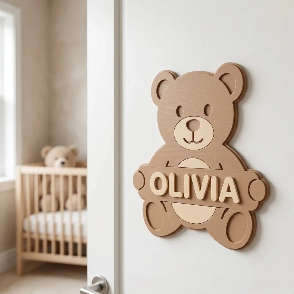 Placa con nombre para puerta infantil Osito con el nombre Olivia pegada en la puerta de la habitación