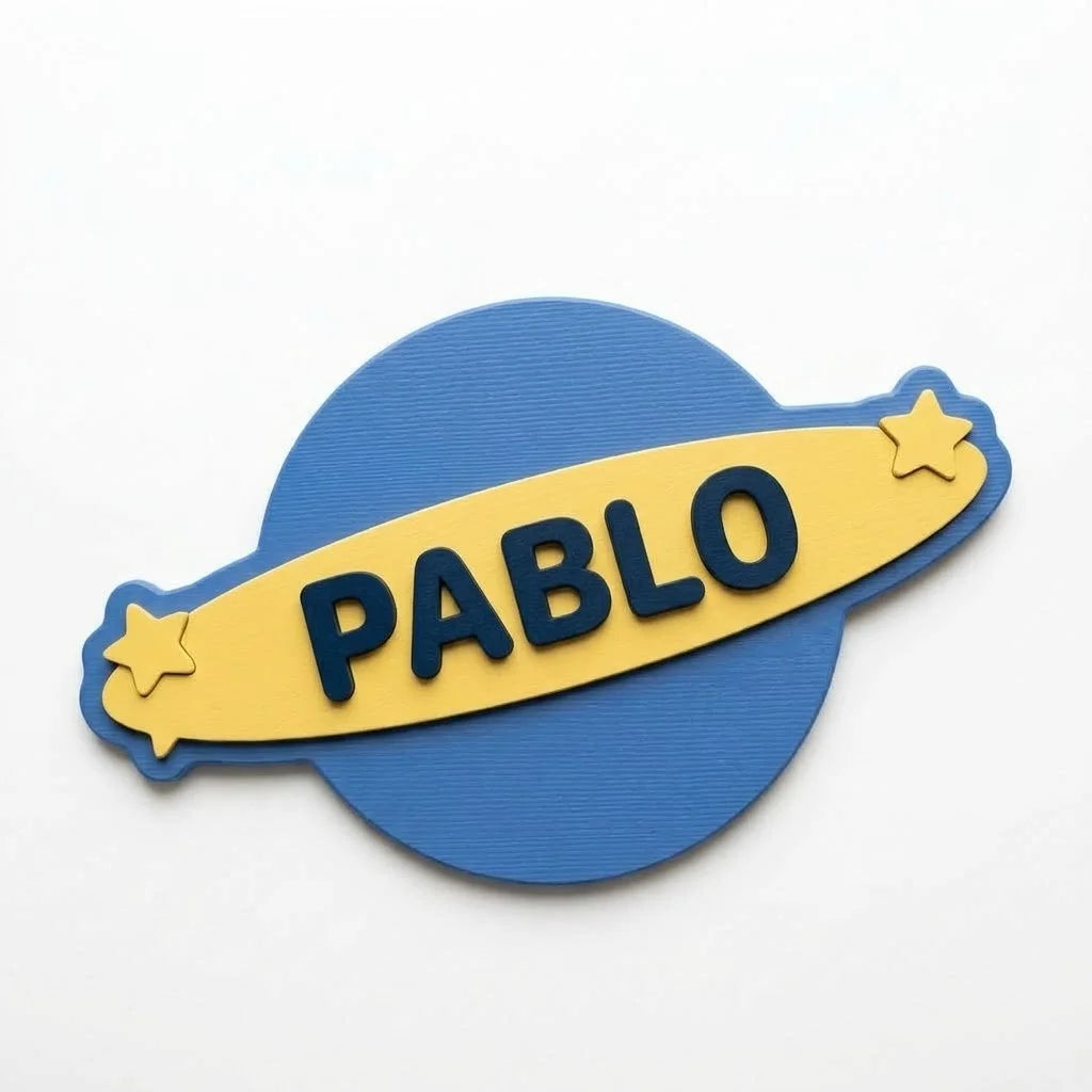 Placa de puerta infantil Planeta con el nombre Pablo, fijada con adhesivo por detrás