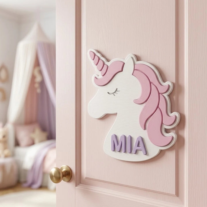Placa con nombre para puerta infantil Unicornio