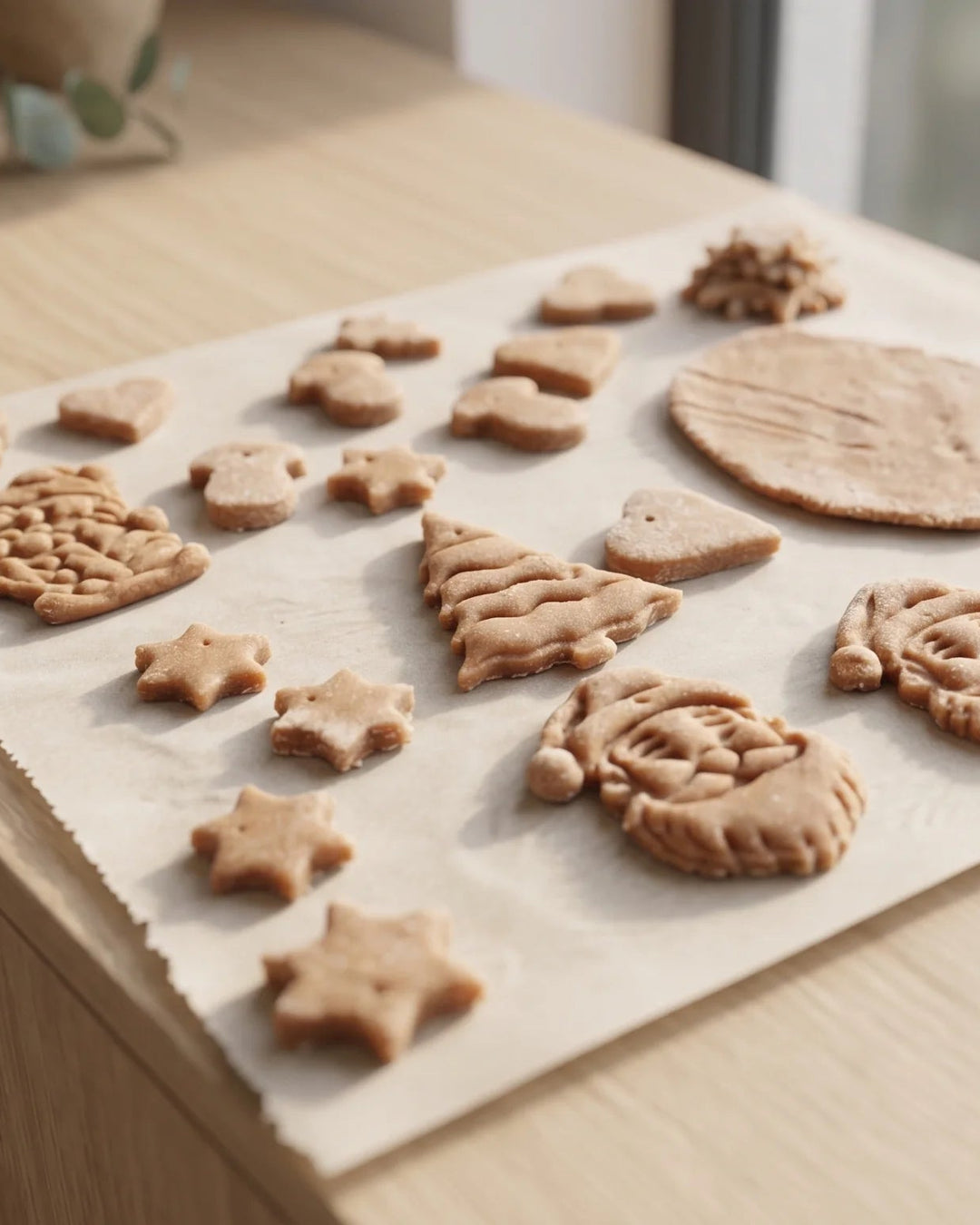 Galletas navideñas recién cortadas con formas de árbol, estrella y Papá Noel sobre papel de horno.