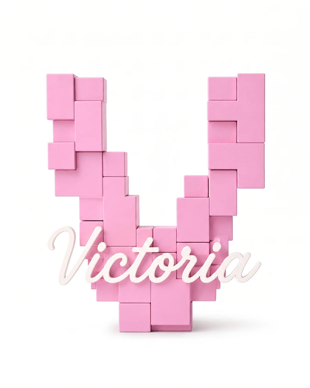Letra V personalizada 3D de bloques pixel en rosa con el nombre Victoria en caligrafía